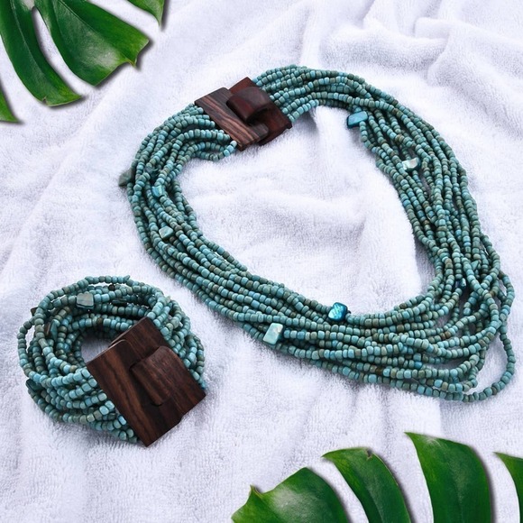 Stretchy Chunky Blue Seed Bead Necklace Bracelet Wooden Clasp Necklace Strands - Picture 6 of 8